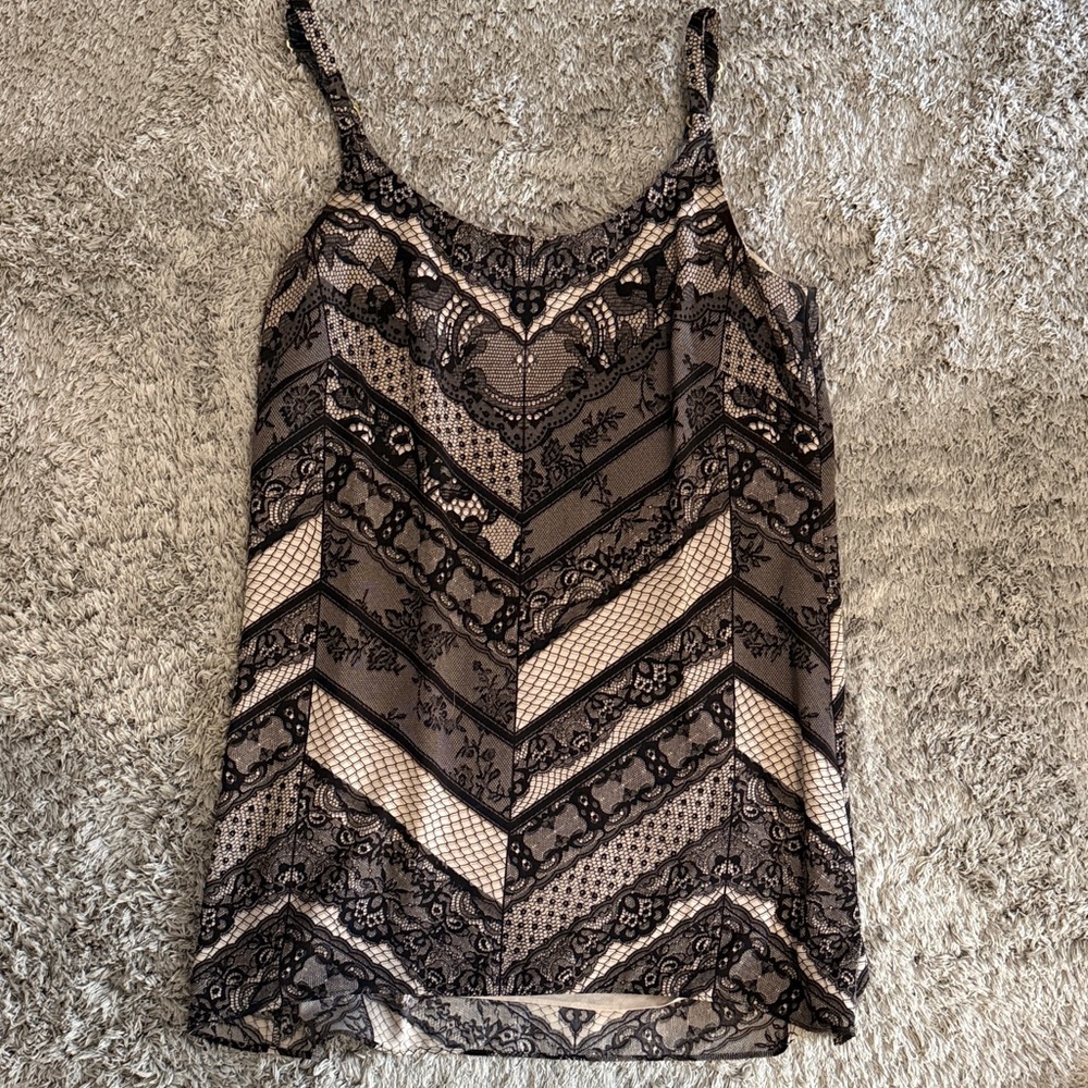 CAbi Black Lace Chevron Overlay Cami on Cream Base